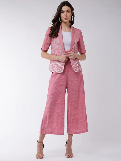 PANNKH Pink Chambray Printed Blazer With High Waist Pant Set