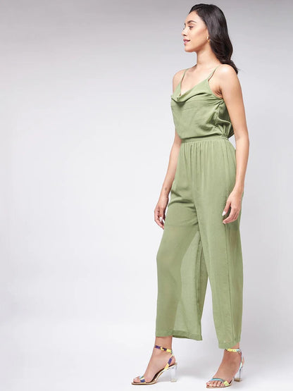 PANNKH Flaunt Yourself With Solid Green Cowl Neckline Jumpsuit