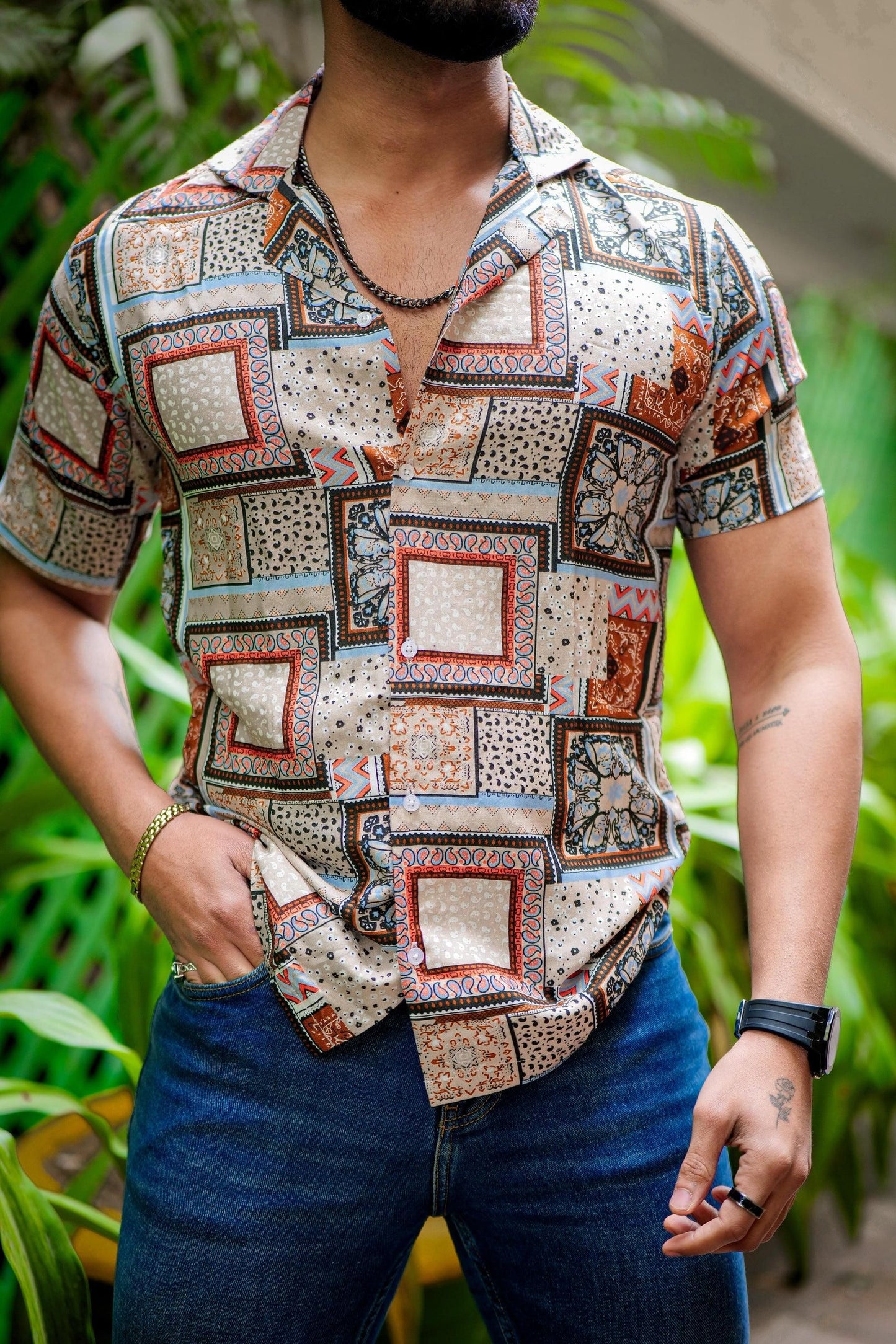 ROYAL TAIL Men's Printed Rayon Cuban Collar Casual Shirt Multicolor