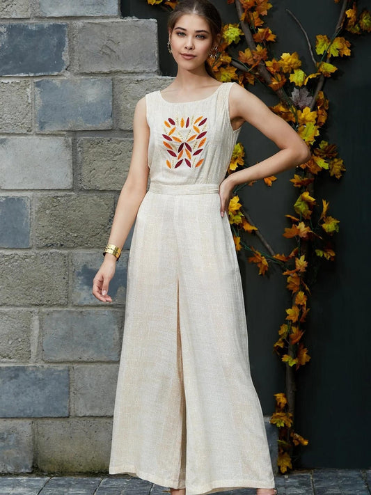 PANNKH Beige Allover Printed Jumpsuit With Embroidery