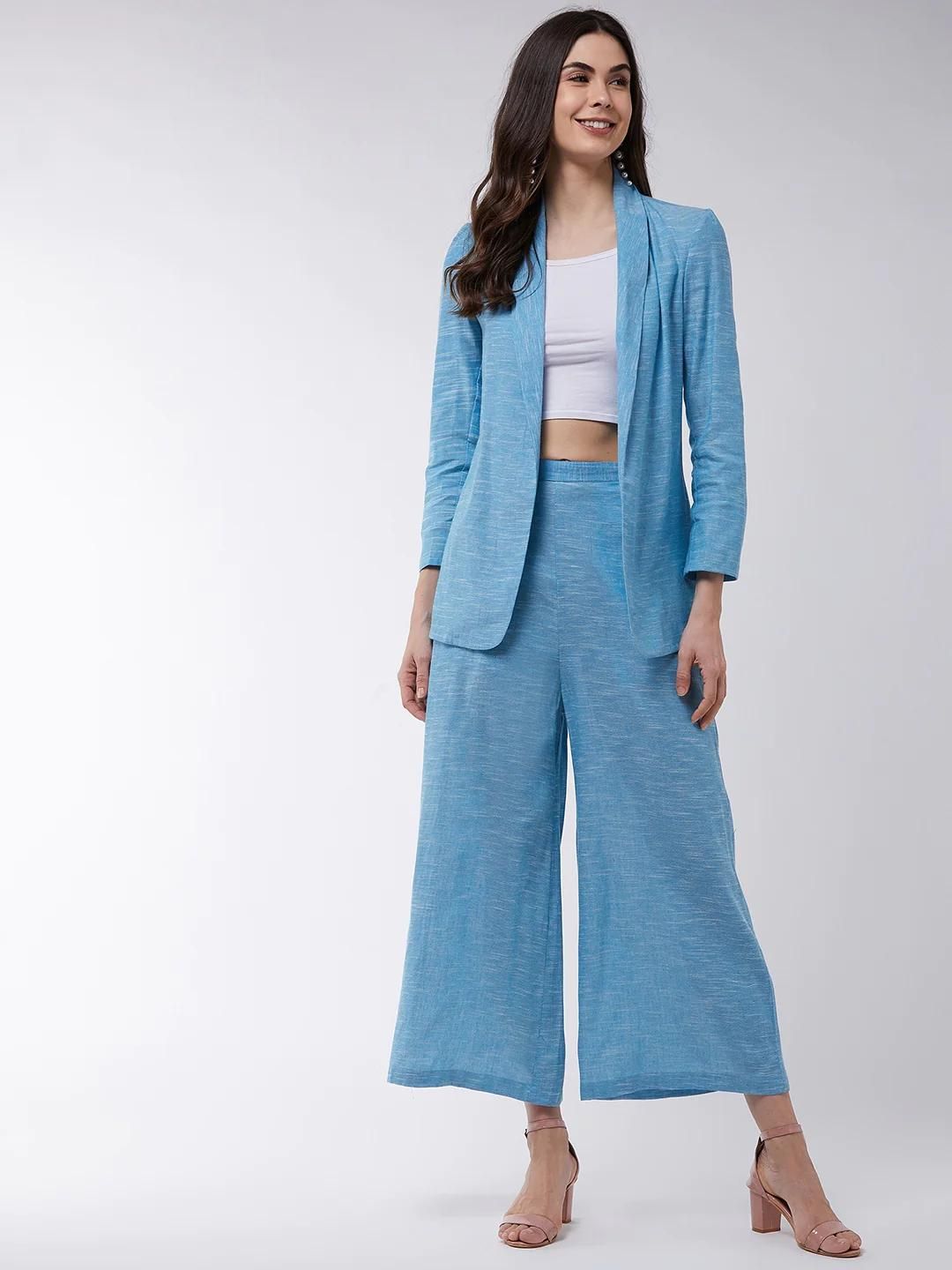 PANNKH Blue Chambray Long Blazer And Pant Set