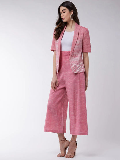 PANNKH Pink Chambray Printed Blazer With High Waist Pant Set