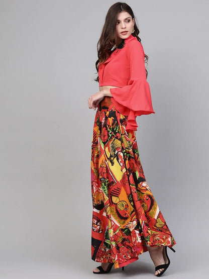 PANNKH Embroidered Crop Top With Red Picasso Printed Skirt