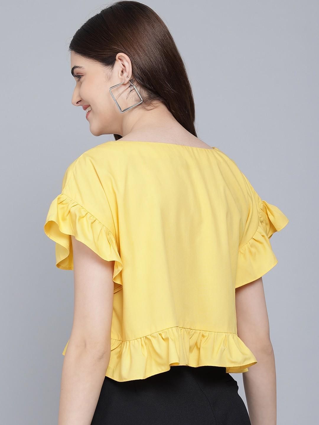 FLAMBOYANT Casual Flared Sleeves Self Design Women Yellow Top