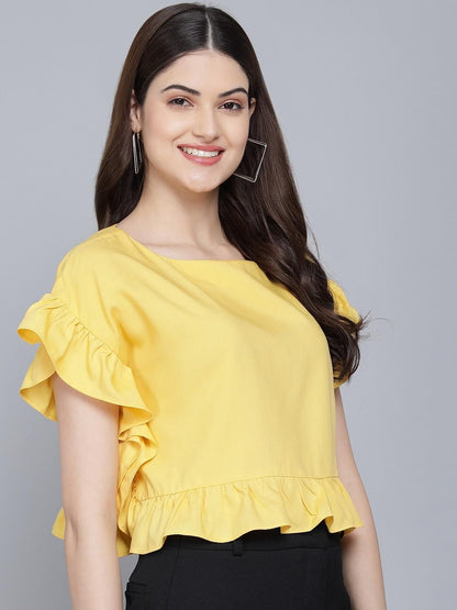 FLAMBOYANT Casual Flared Sleeves Self Design Women Yellow Top