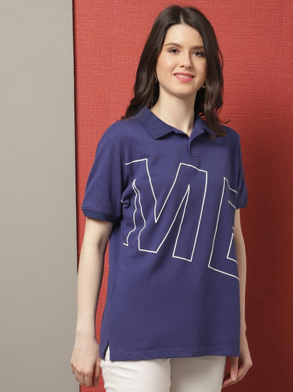DOOR74 Womens ME PRINTED NAVY COLOR OVERSIZE FIT POLO TSHIRT
