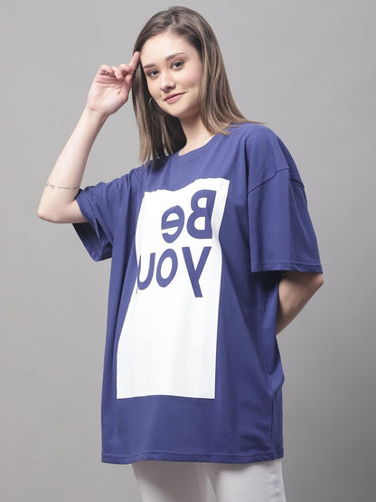 DOOR74 Womens BE YOU PRINTED NAVY COLOR OVERSIZE FIT TSHIRT
